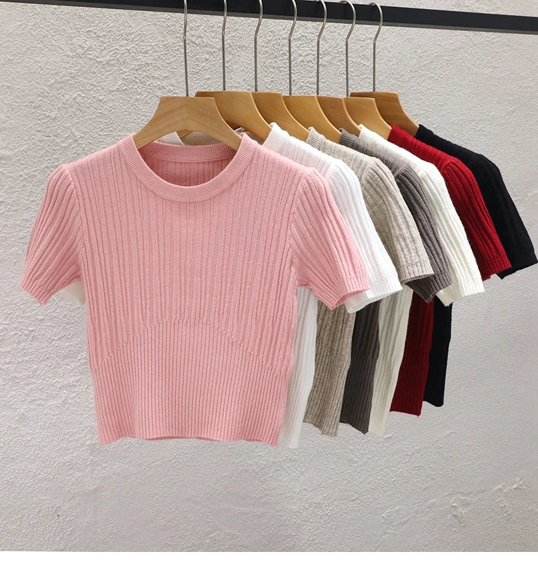 Summer T shirts for Women Casual Female Korean Knit Streetwear Tees Basic Solid Young Cool Tops