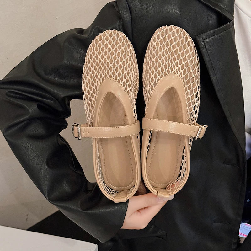 In Summer, Wear Round Toe, Straight Buckles, Casual and Comfortable, Women's Flats, Cut-out Mary Jane Single Shoes,fishnet Shoes