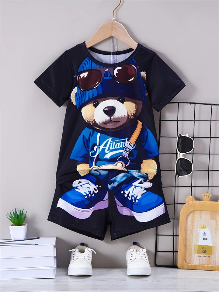 Summer Daily Casual Men's Short-sleeved Outdoor Sports Men's Beach Pants Fashion Bear Print Men's T-shirt And Shorts 2pcs Set