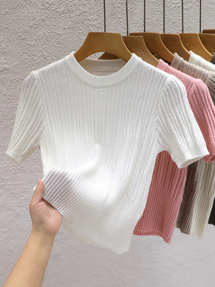 Summer T shirts for Women Casual Female Korean Knit Streetwear Tees Basic Solid Young Cool Tops