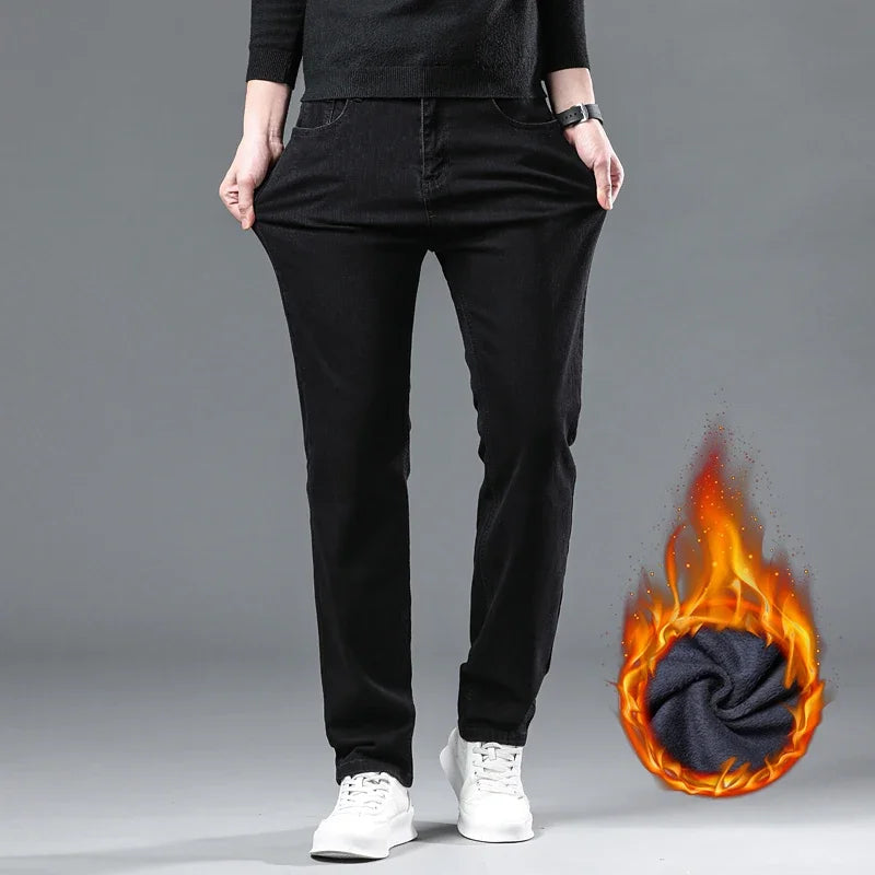 WTHINLEE Winter Men Black Straight Stretch Denim Thick Velvet Pants Warm Jeans Casual Fleece Line Trousers Male Plus Size