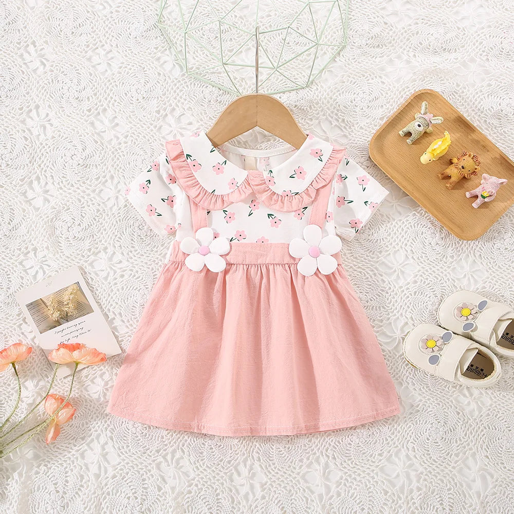 (0-3 Years Old) Summer Baby Girl Cotton Flower Fake Two-Piece Shoulder Strap Dress Girl Cute Short Sleeved Dress