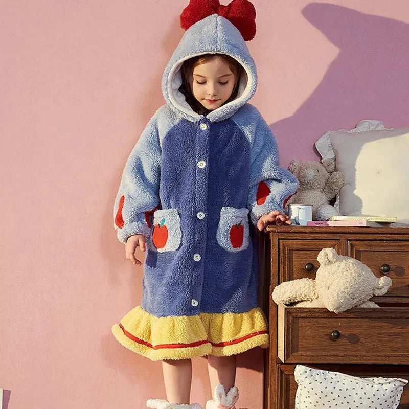 Kids Hooded Robe for Girls Winter 2023 New Princess Child Thick Keep Warm Long Nightgown Front Button Coral Fleece Soft Bathrobe