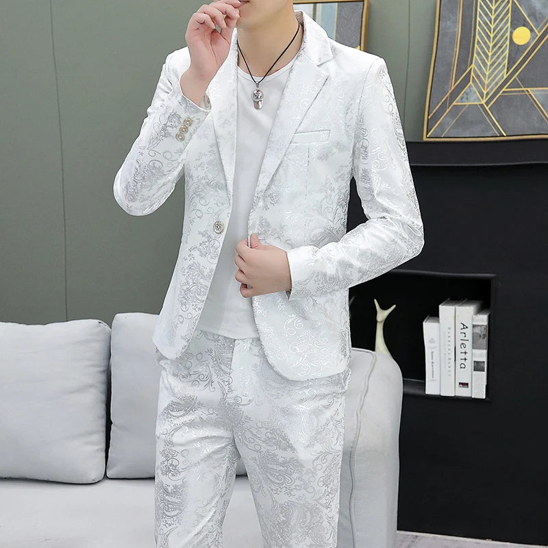 Men's Suit Set Shiny Gold and Silver 2-piece Set Korean Fashion Host Wedding Set Suit Jacket+pants Men's Hot Stamping Clothing