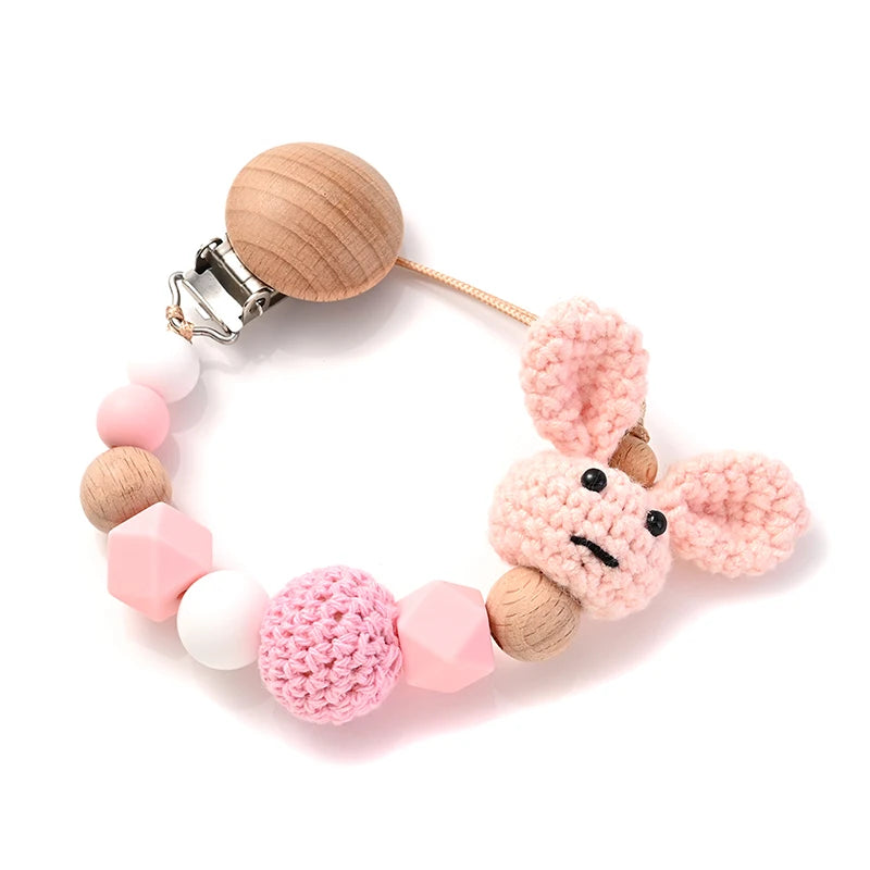 New Baby Wooden Pacifier Clip Wood Crochet Rabbit Teething Soother Chain For Nursing Chew Toy Baby Dummy Holder Chain BPA Free