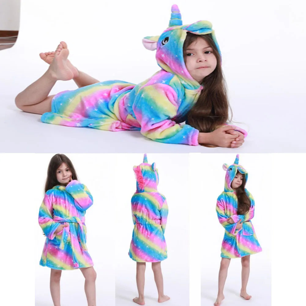 Lilo & Stitch Disney Girls Robes Children's Nightgowns Flannel Winter Sleepwear Kids Pyjamas Blue Stitch Unicorn Kigurumi Robes