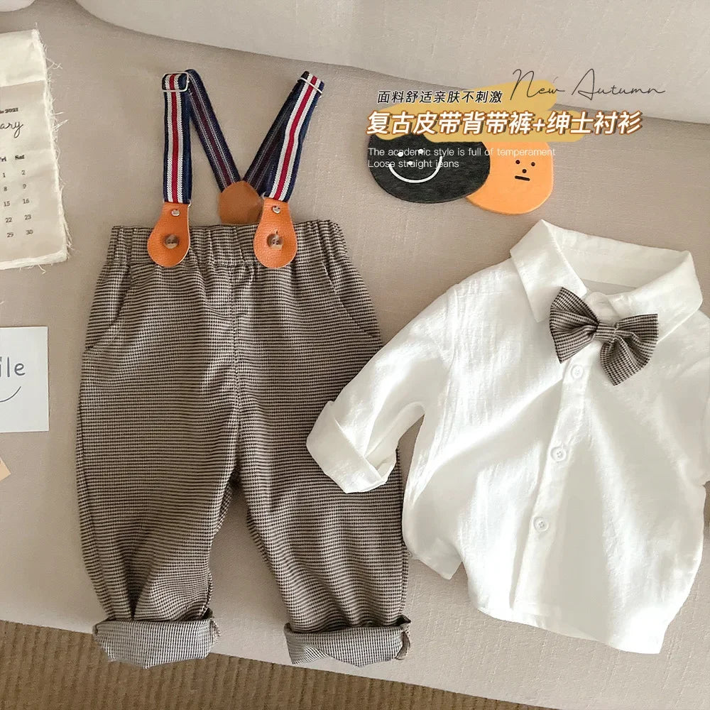 Baby Gentleman Set 6M-4Y Baby Spring and Autumn First Year Dress Boys Handsome Shirt Backband Pants Two Piece Set