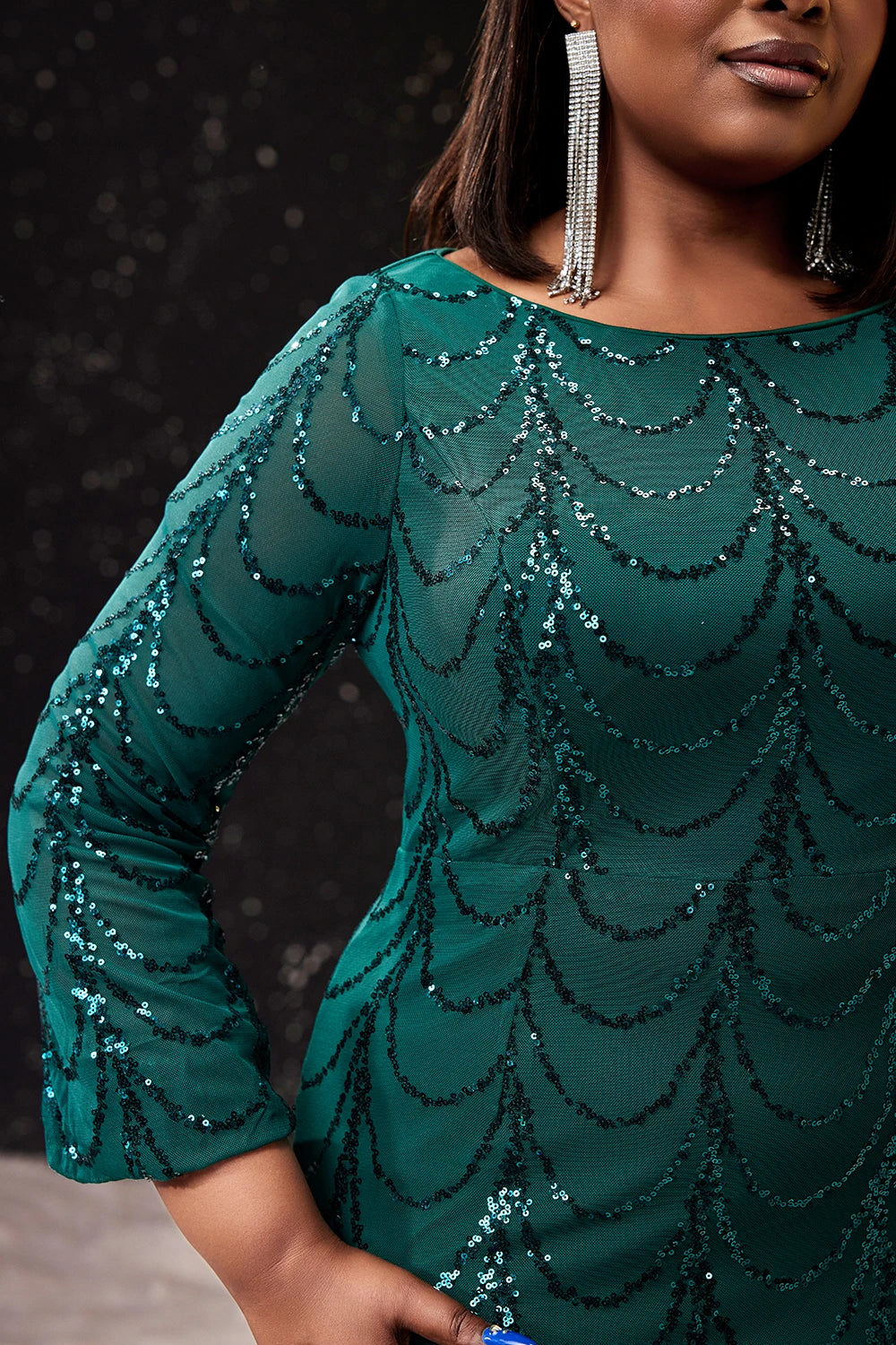 Women's Elegant Plus Size Evening Dress Green Round Neck Long Sleeve Glitter Sequins  Cocktail Wedding Guest Mermaid Maxi Dress