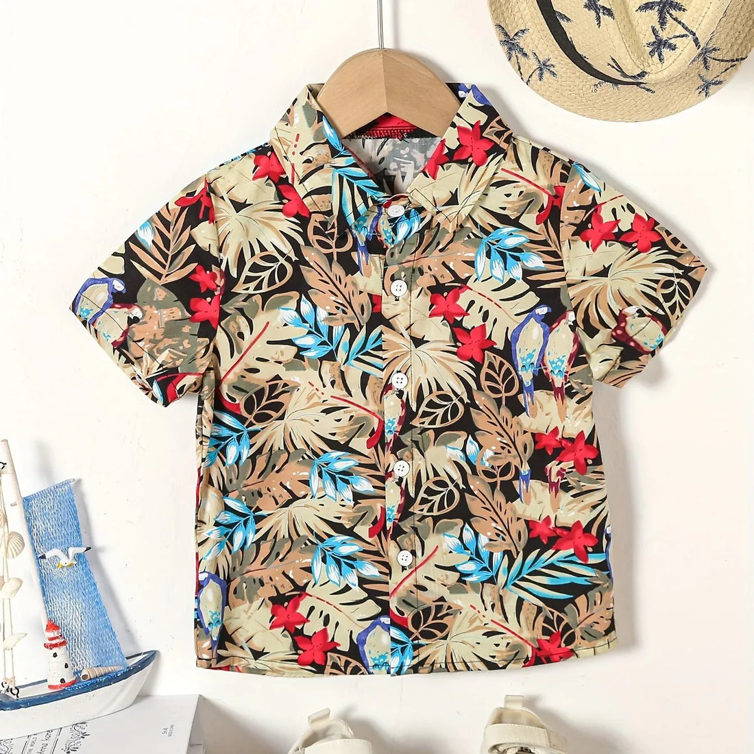 Boys Summer Holiday Hawaiian Party Style Floral And Leaf Full Print Kids Short Sleeve Lapel Shirt Children Summer Tops