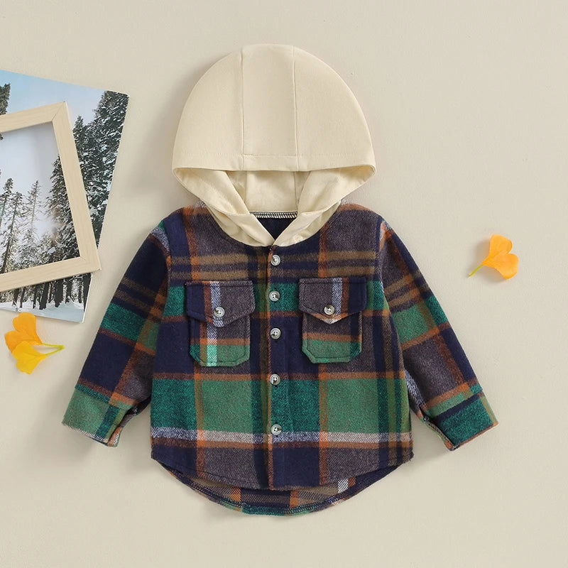 Lioraitiin Toddler Girl Boy Flannel Plaid Jacket Baby Long Sleeve Button Down Hooded Shirt Buffalo Shacket  Fall Winter Clothes