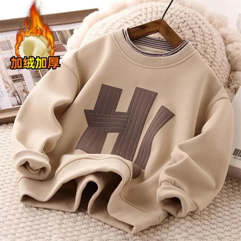 Kids Sweatshirt Boy Fleece Warm Hoodless Hoodies Letter Printed  Fashion Autumn Children's Clothing Teenagers Casual Spring Tops