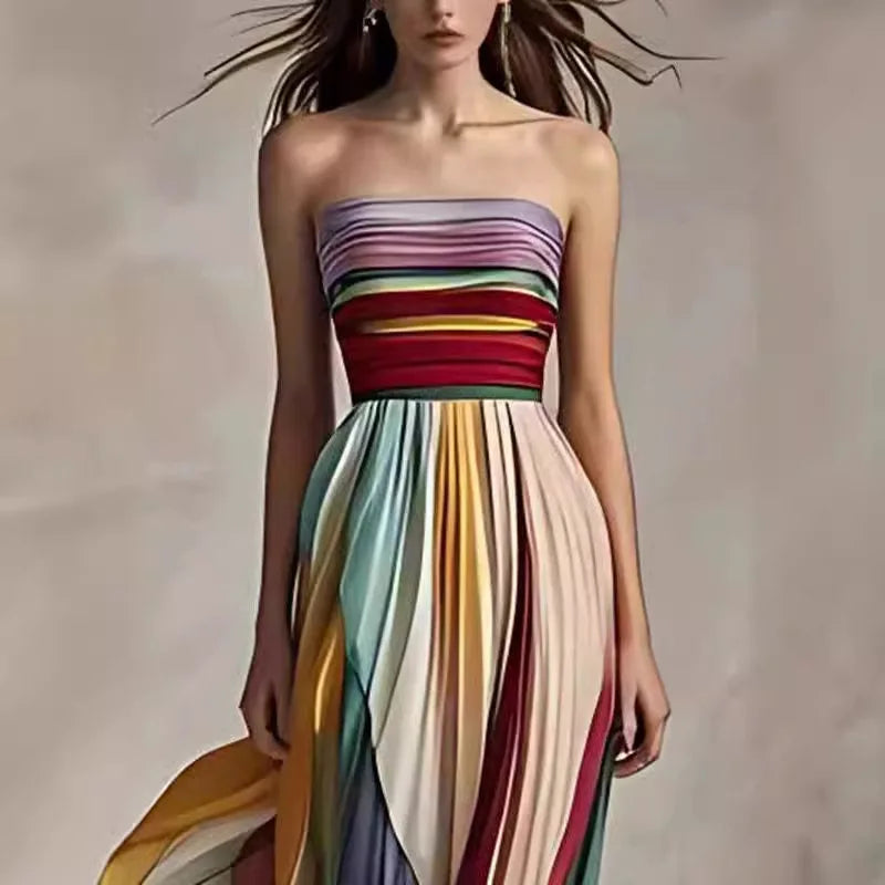 Sexy Fashion Strapless Off Shoulder High Waist Corset Folds Evening Floor Length Dress Robe Elegant Women Rainbow Party Dress