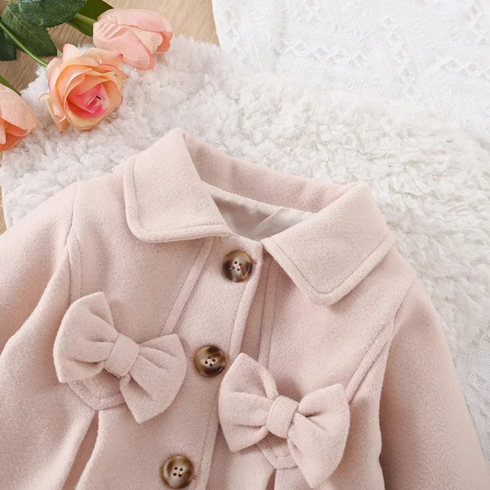 Winter New Girls Sweater Coat Solid Color Bow Trench Coat Coat All Fashion Warm Coat Button Long Thick Coat