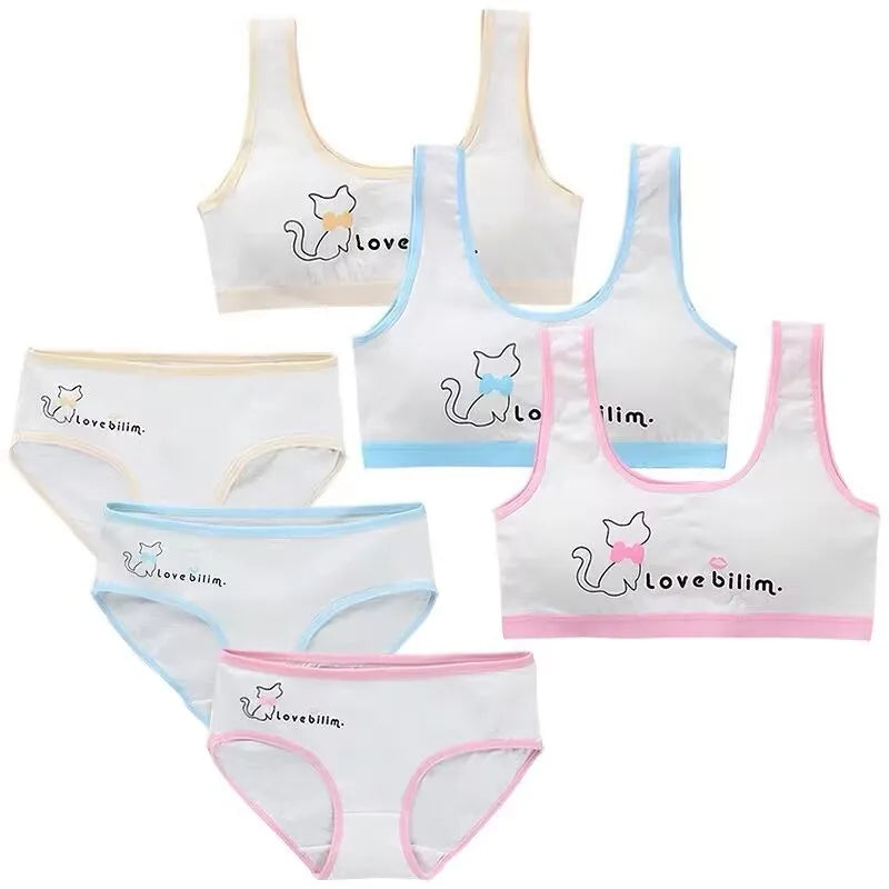 Puberty Girls Panty Sets Teenage Cotton Padded Training Bra+Panties Kids Sports Bra Underwear