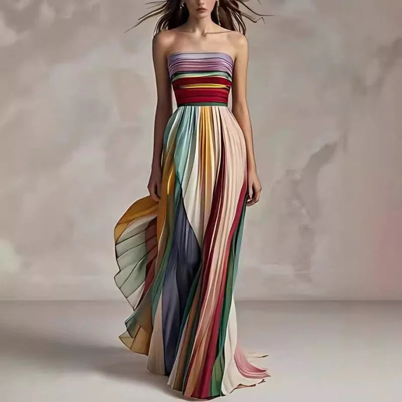 Sexy Fashion Strapless Off Shoulder High Waist Corset Folds Evening Floor Length Dress Robe Elegant Women Rainbow Party Dress