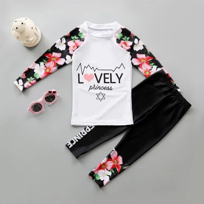 Two Piece Long Sleeve Cover up Flowers Korea swimwear beachwear girls bathing suits swimsuits kid