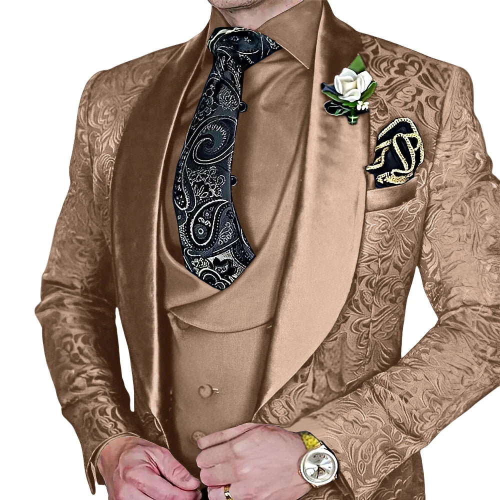 DMDRS | Jacquard Men's 3-piece Suit Set Formal Party Dress Groom's Tuxedo High Quality Elegant Men's Customized Outfit