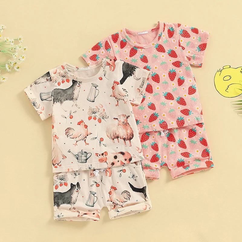 Little Boy Girl Summer Outfit 2024 Cute Animal Print Round Short Sleeve Tops Elastic Waist Shorts Infant Toddler 2 Pieces Set