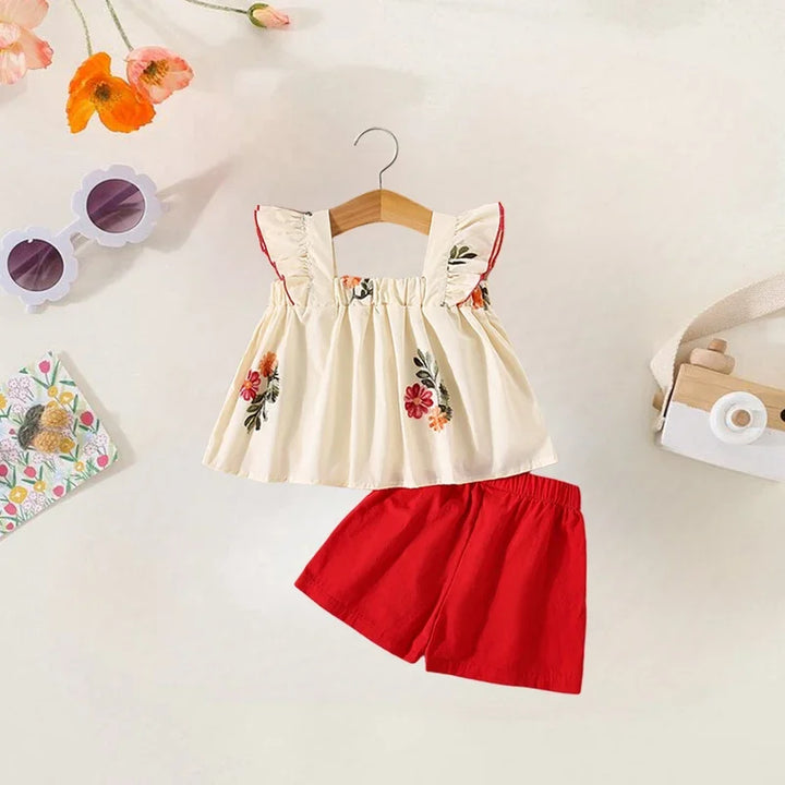 Summer Girl Cotton Sleeveless Set 2/Piece Girl Flower Embroidered Little Flying Sleeve Top+Solid Color Shorts