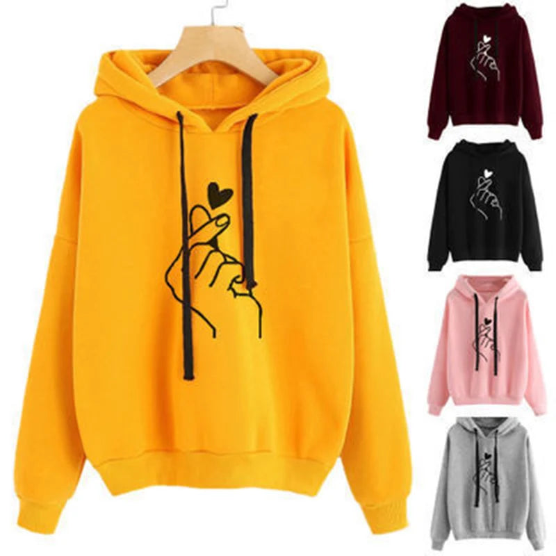 Autumn Fleece Hoodie Solid Color Finger Heart Hooded Korean Fashion Sweatshirts Long Sleeve Top Drawstring Pockets Loose Hoodies