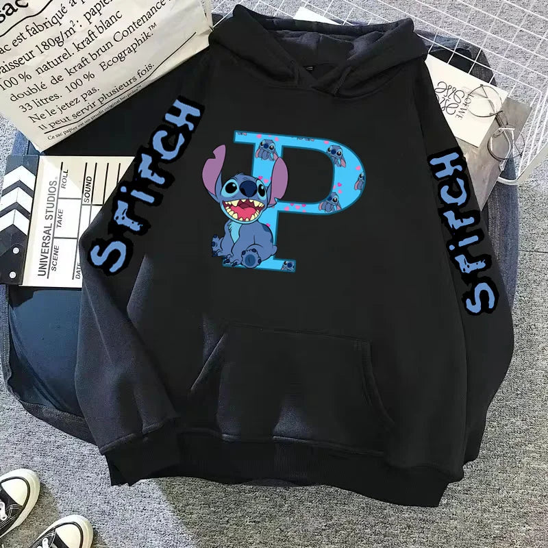 2024 Women's Winter Jacket Cute Kawaii Disney Lilo & Stitch Lucky Letter Print Black Hoodie Fashion Couple Streetwear Sportswear