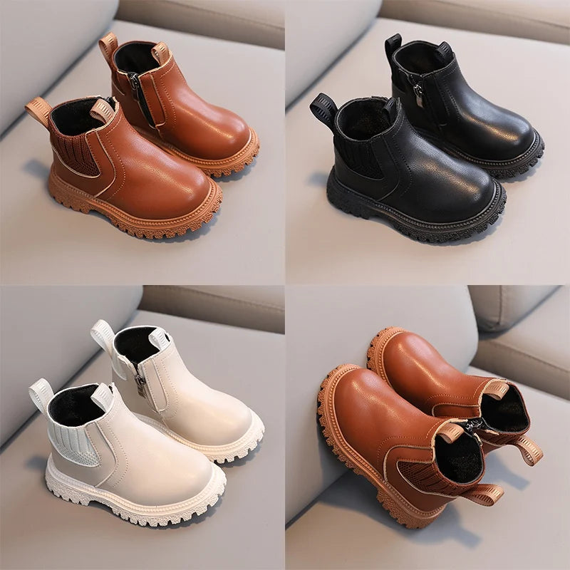 Fashion Boy Girl Short Boots Non-Slip British Style Boots Children's Side Zipper Design Single Boots Leather Boots Anti-skid