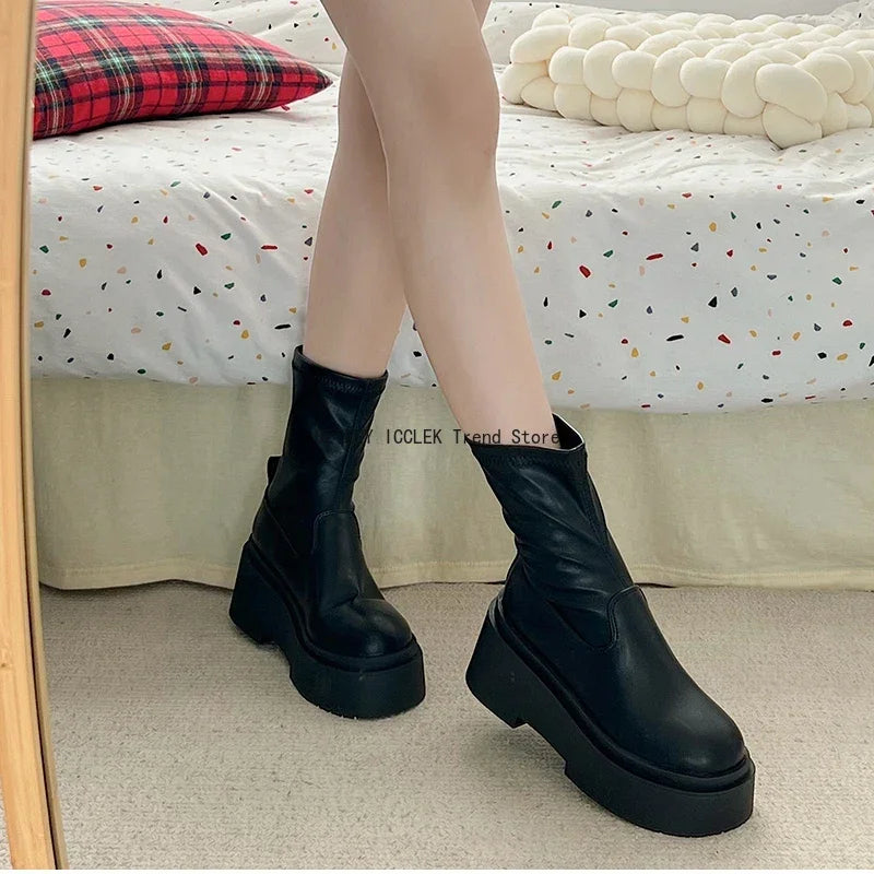 Chunky Women Knee High Boots Fashion Slip On Knight Long Booties Platform Flats Autumn Winter Shoes