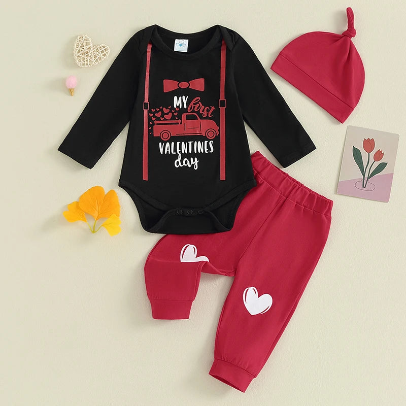 Baby Boys My First Valentines Day Outfits Long Sleeve Truck Print Romper Pants Hat Set Infant Baby Boys Clothes Set