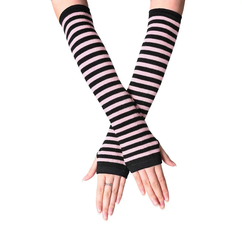 Y2K Fashion Women Girls Striped Elbow Gloves Warmer Knitted Long Fingerless Gloves