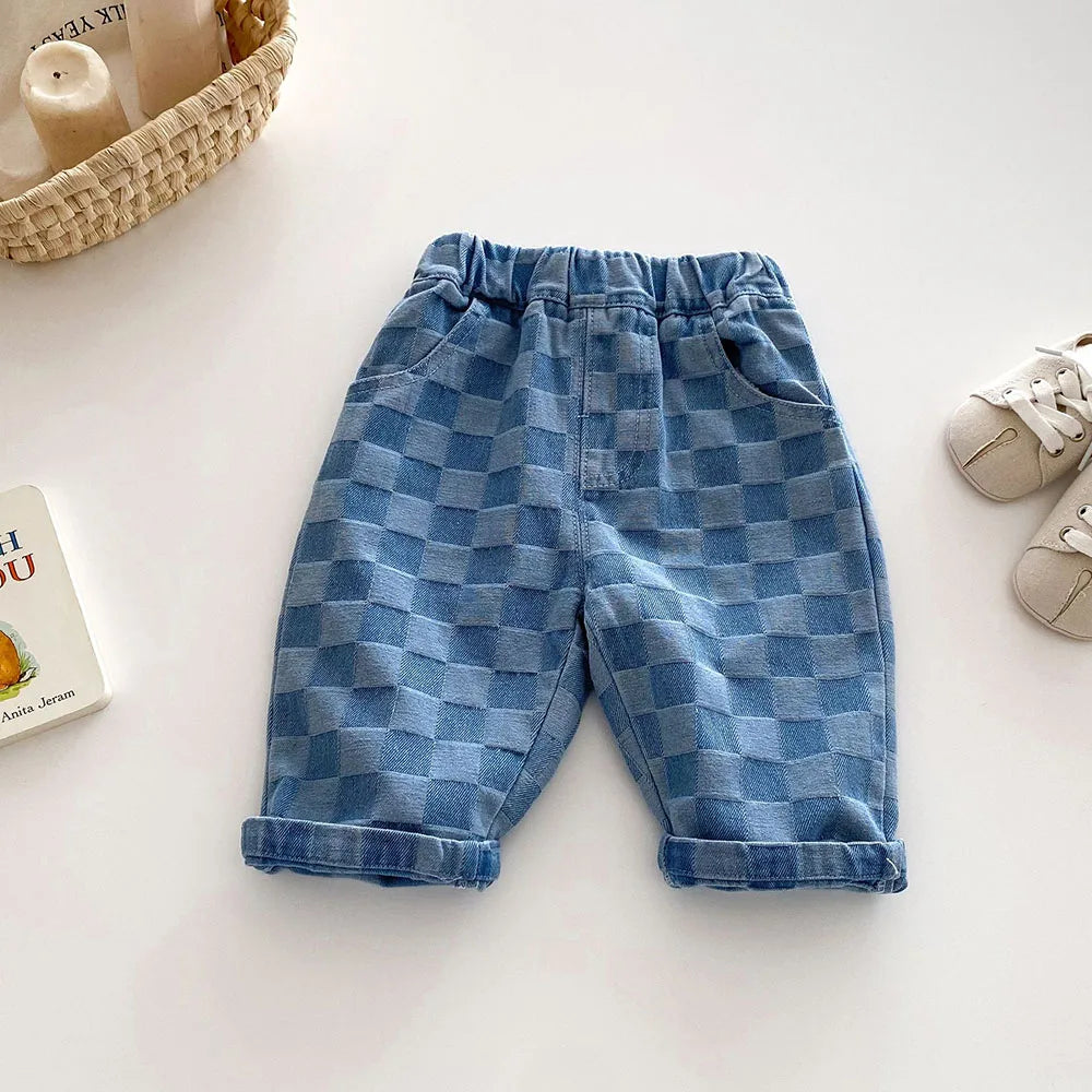 MILANCEL 1-5Y Children Jeans Boys Denim Pants Mid Waist Girls Trousers Fashion Kids Plaid Pants