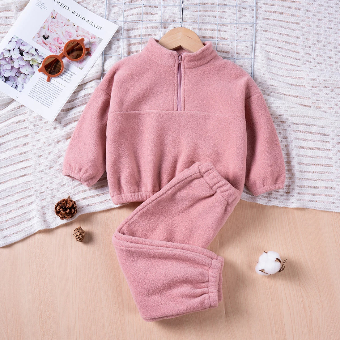 Winter New Toddler Solid Colour Warm Suit Boys Girls Long Sleeve Zip Up Sports Top + Drawstring Trousers 2pcs Daily Wear Casual