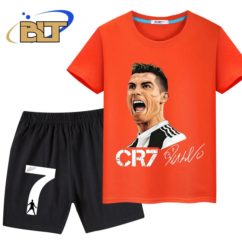 Ronaldo avatar printed children's clothing summer boys sports T-shirt suit casual shorts shorts 2-piece set