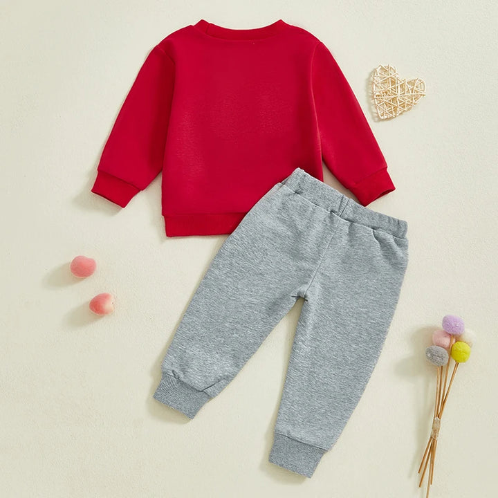 Lioraitiin Toddler Baby Boys Valentines Day Set Long Sleeve Crew Neck Embroidery Letters Sweatshirt with Heart Pants Outfit