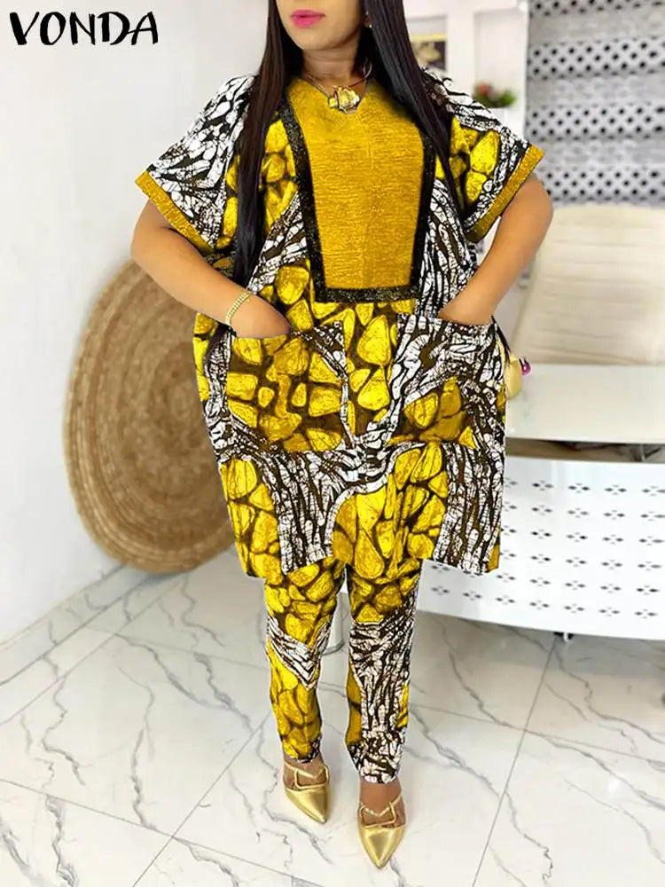 Plus Size 5XL VONDA Women Pants Sets 2024 Elegant Matching Sets Short Sleeve Print Blouse Trousers Sets 2024 Casual Baggy Suits