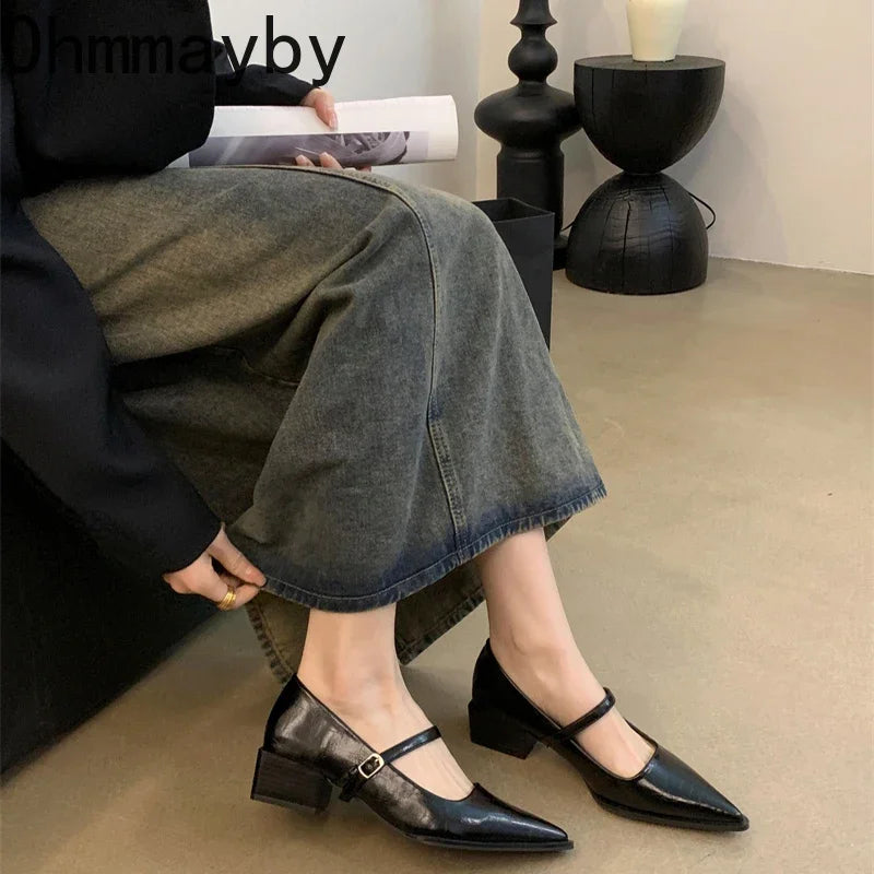 Retro Style Thick Heel Women Mary Jane Shoes Fashion Shallow Pointed Toe Ladies Comfort Office Pumps Footwear