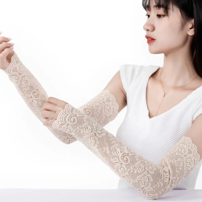 1Pair Sexy Lace Flowers Sunscreen Arm Sleeve for Women Summer Driving UV Protection Gloves Elegant Long Fingerless Arm Sleeve