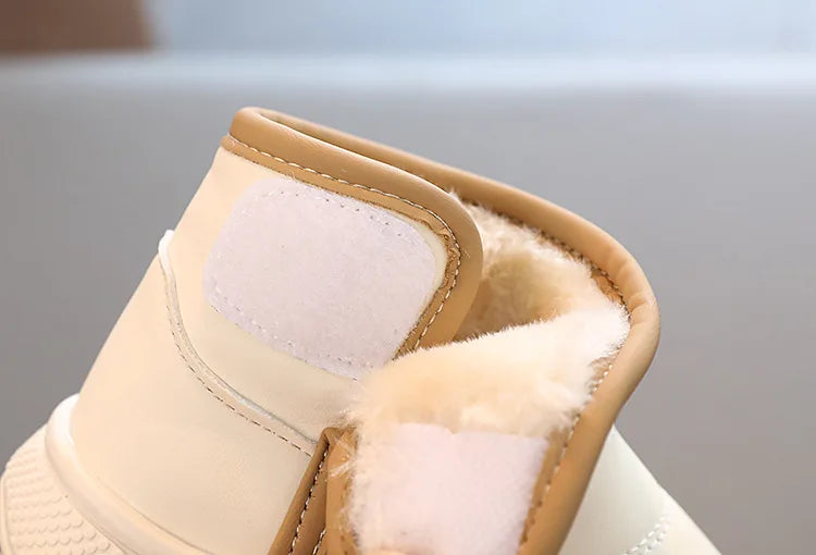 Children Short Boots Hook & Loop Kids Casual Leather Boots Non-slip Boys Girls Thick Warm Plush Fur Boots Simple 2024 Winter New