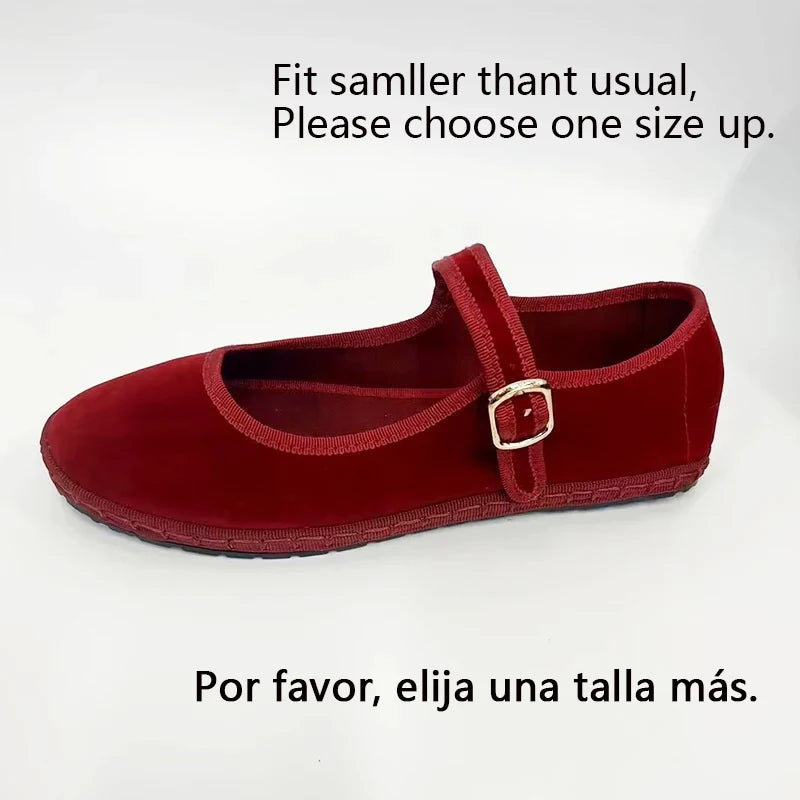 Velvet Mary Jane Shoes for Women Hand Stitch Casual Streetwear Ballet Flats Pumps Female Solid Color Red Cloth Shoes Loafers