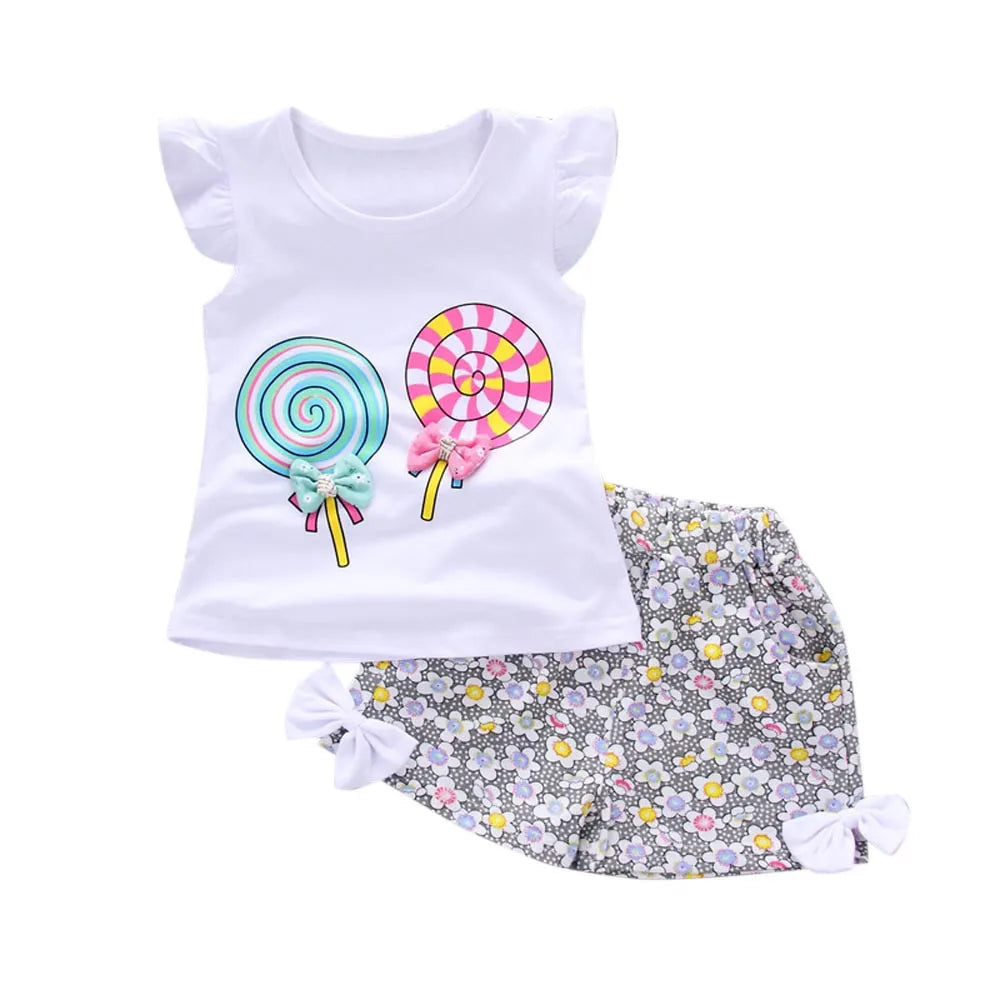 2 Piece Set For Toddler Girl 1~4 Years Children'S Clothing Kids Baby Girls Outfits Lolly T-Shirt Tops+Short Clothes Set 2t 3t 4t