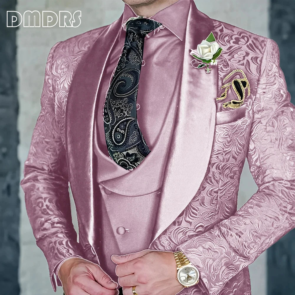 DMDRS | Jacquard Men's 3-piece Suit Set Formal Party Dress Groom's Tuxedo High Quality Elegant Men's Customized Outfit