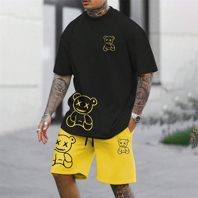 2025 Fun Bear Harajuku T-Shirt Men's Summer Loose Daily Couple Suit Outdoor Street Short Sleeve Shorts Two Piece Men Summer Suit