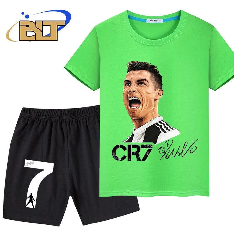 Ronaldo avatar printed children's clothing summer boys sports T-shirt suit casual shorts shorts 2-piece set