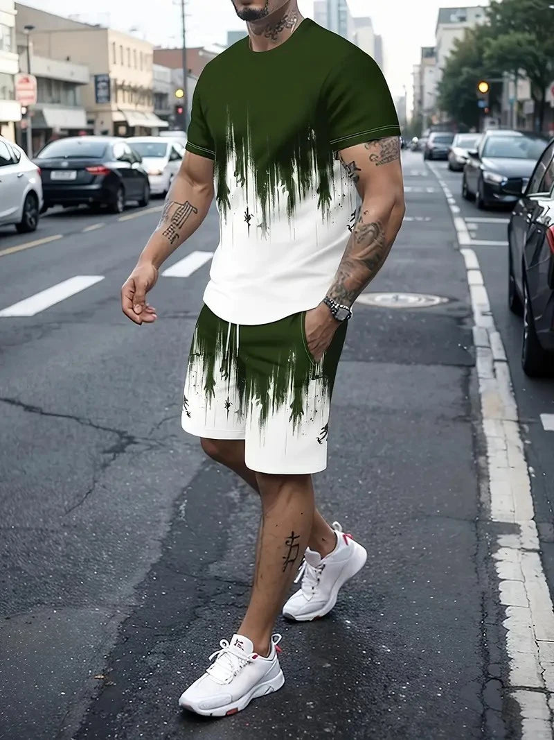 2025 New Men's Casual Fashion Suit Men's Trend Sportswear Suit Quick-drying Sportswear Short-sleeved T-shirt + Shorts Two-piece