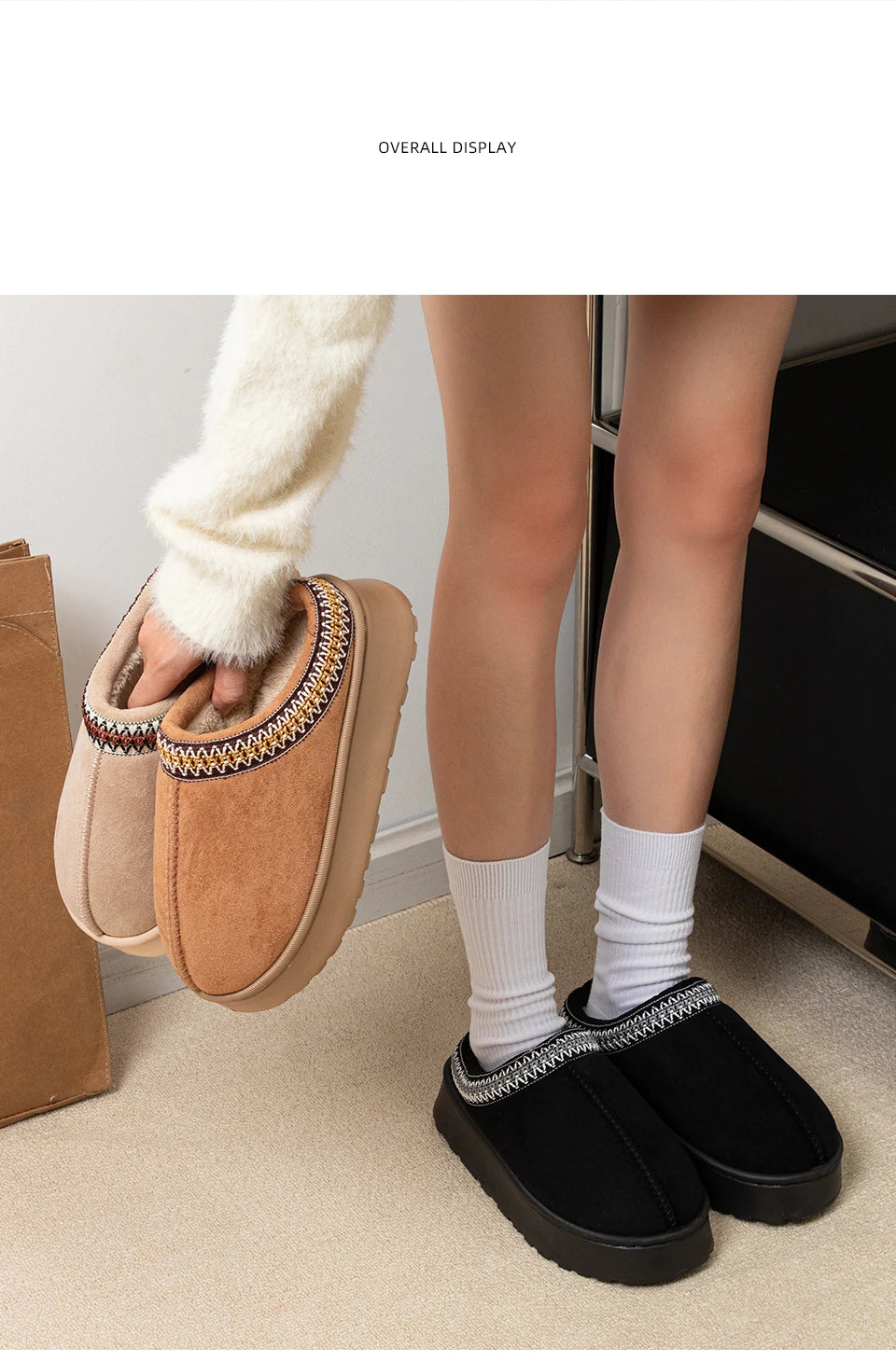 Feslishoet Winter Woman Slippers Plush Interior Anti Slip Sole Thick Bottom Embroider Fashion  Warm Slippers Use Indoor Outdoor