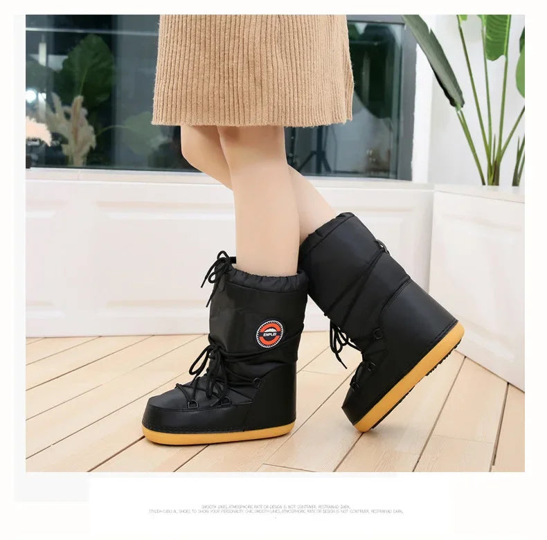 Women Snow Boots Female Winter Platform Flat With Middle Calf Boots Waterproof Non-Slip Lace-Up Black White Warm Skit Boots