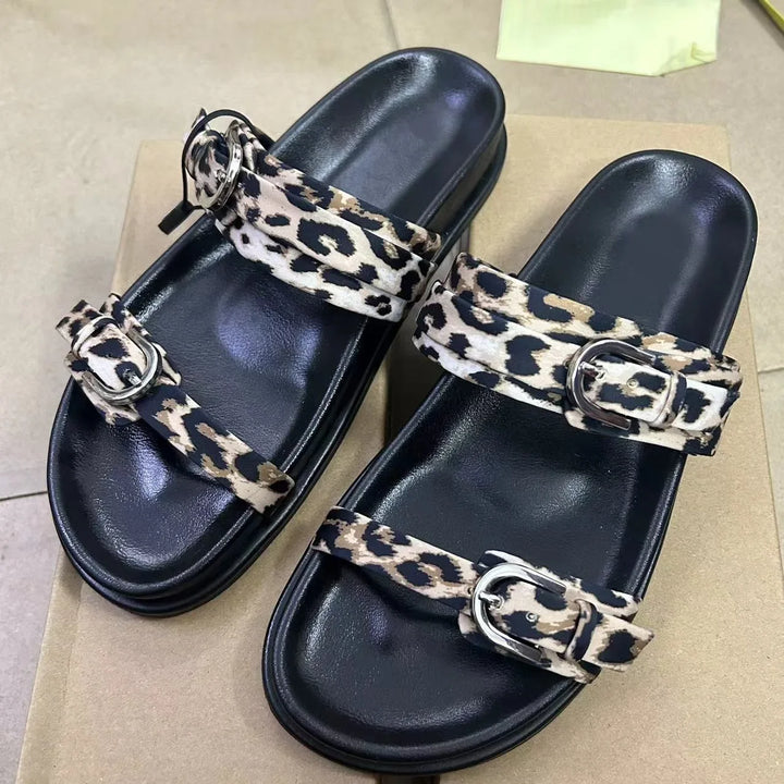 Chic Leopard Print Platform Sandal for Woman Classic Buckle Design Casual Thick Bottom Ladies Beach Shoes Open Toe Flat Footwear