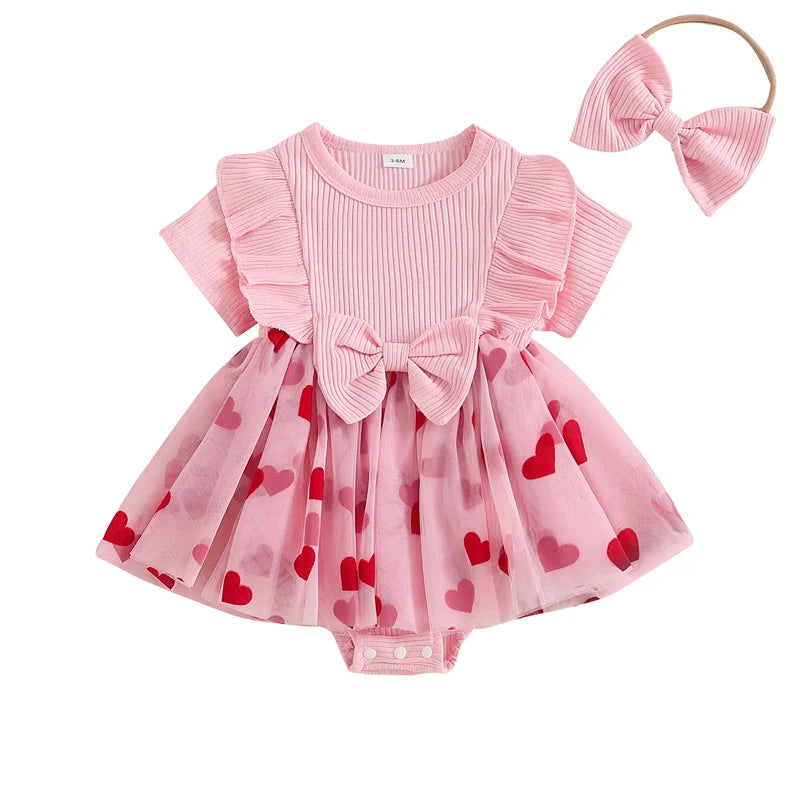 Cathery Kids Baby Girls Valentine's Day Rompers Dress Short Sleeve Heart Print Tulle Tutu Skirts Jumpsuit with Bow Headband 2025