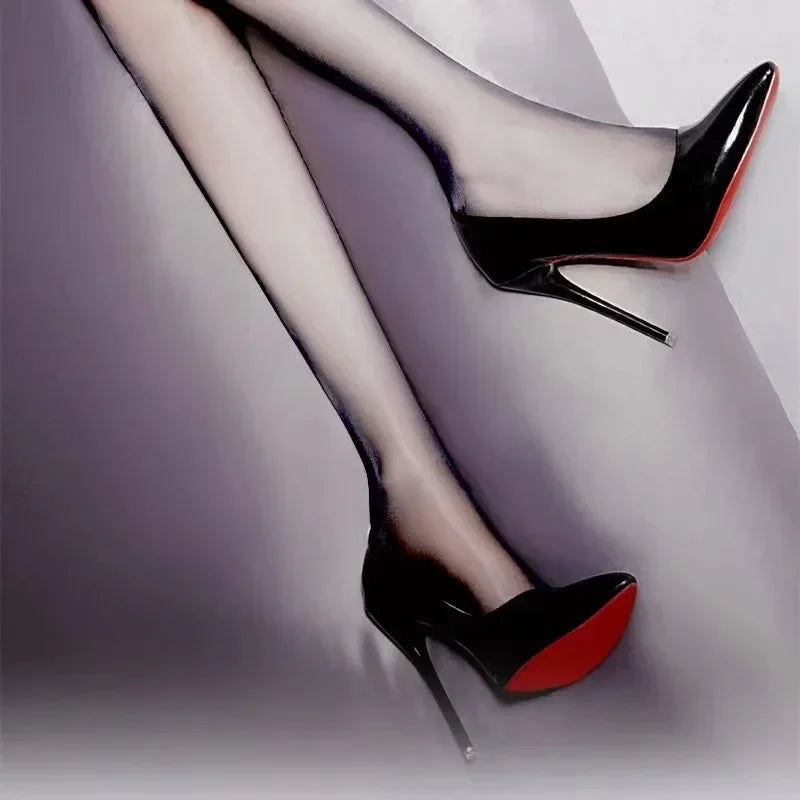 Black Patent Leather Pointed Toe Red Rubber Sole Women's High Heels Party Shoes Sexy Women's Dress Stilettos 2025