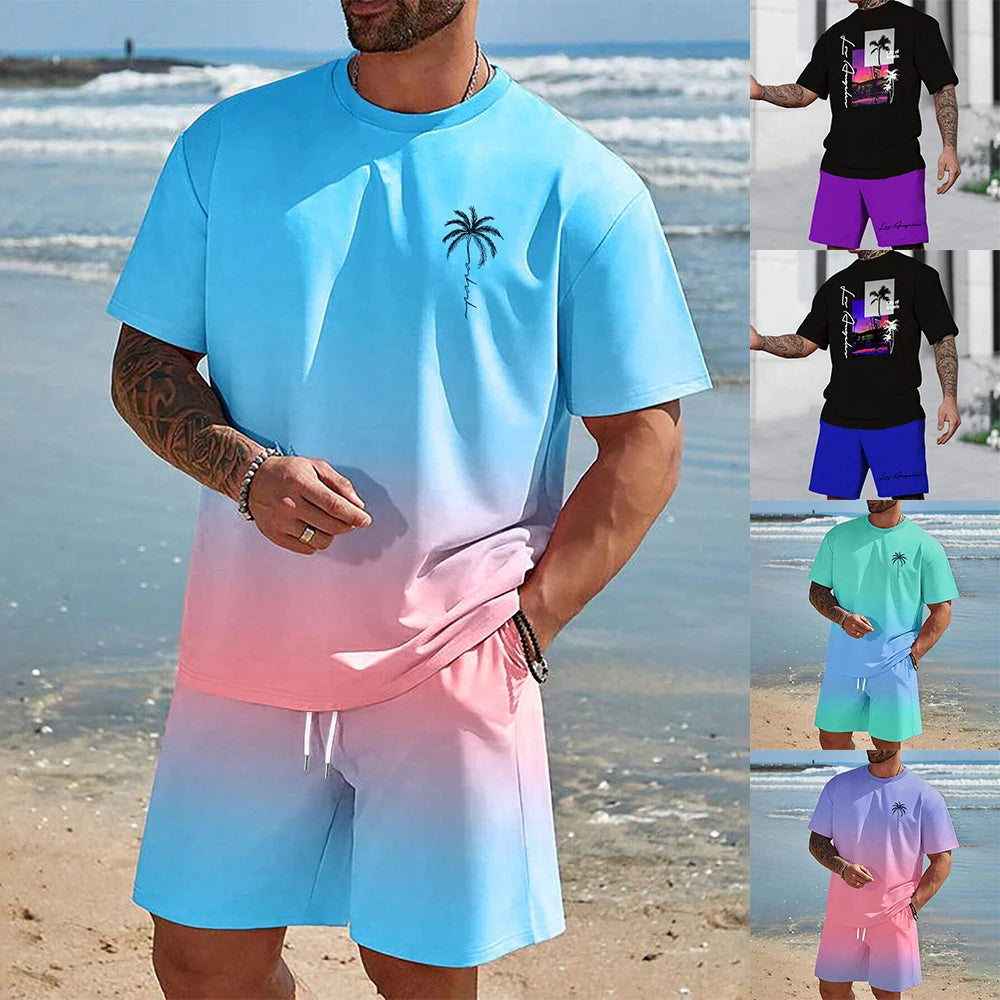 Hawaiian Set European And American Trendy Beach Short Sleeved Shirt Men S Dopamine Beach Casual Shorts Set Soft And Comfortable