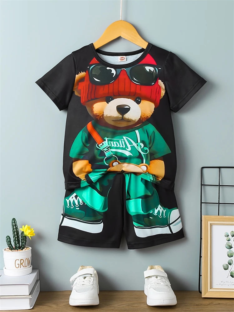 Summer Daily Casual Men's Short-sleeved Outdoor Sports Men's Beach Pants Fashion Bear Print Men's T-shirt And Shorts 2pcs Set